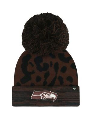 Women’s Seattle Seahawks Brown and Black Leopard Cheetah NFL Beanie with Pom